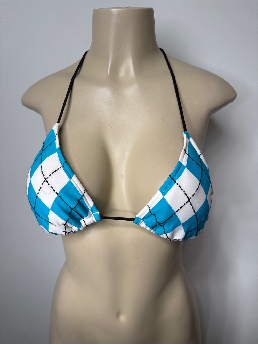 Blue & White Check Triangle Bikini Top